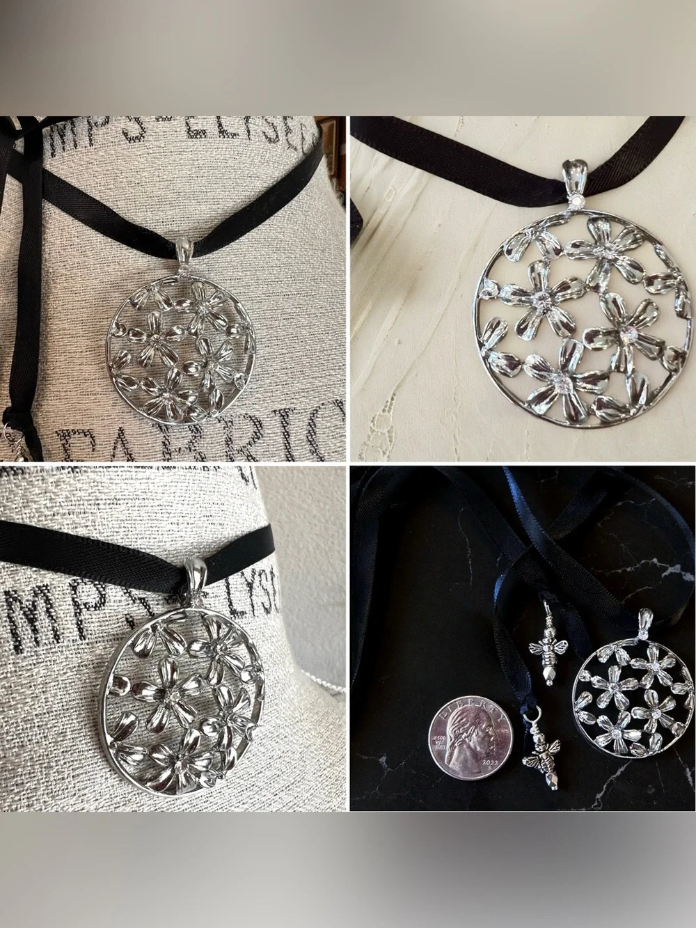 Silver Toned Floral Cutout Pendant Necklace on Black Satin Ribbon